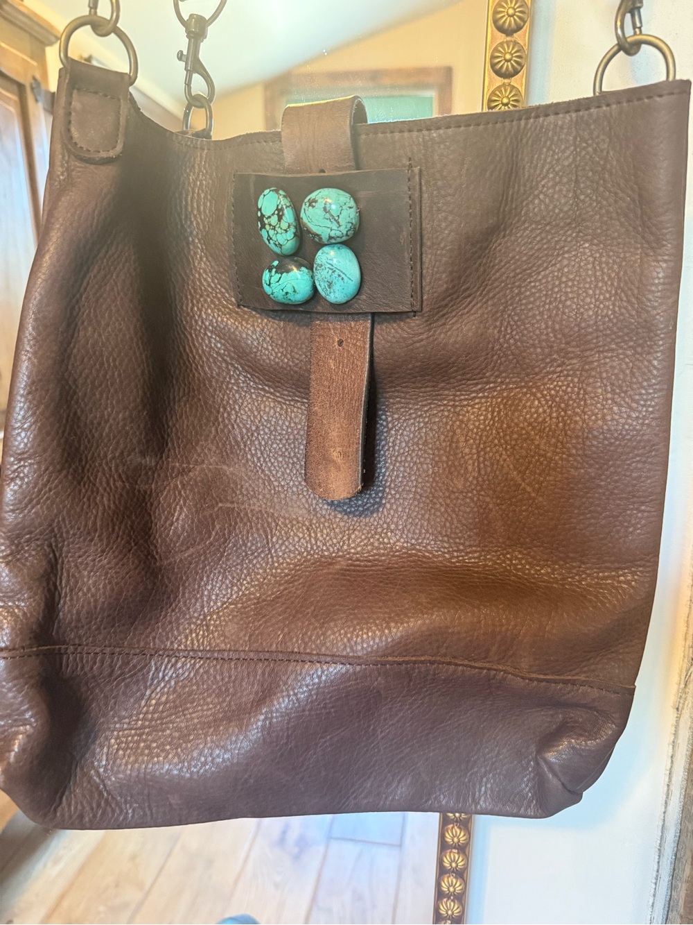 Two Bar West high grade Brown Leather Purse with Genuine Turquoise Stones